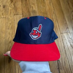 Vintage Cleveland Indians Chief Wahoo Snapback Hat Headmost Navy Red MLB Cap